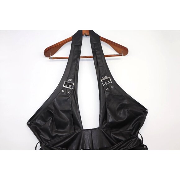 Fashion Nova Black Faux Leather Halter Jumpsuit 3X  Belt Whimsygoth Party Siren - Picture 4 of 10